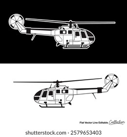 Black and white military helicopter, flat vector illustration