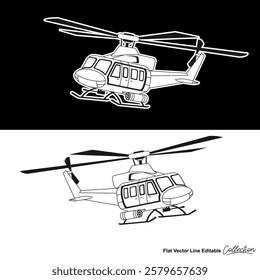 Black and white military helicopter, flat vector illustration