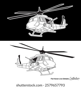 Black and white military helicopter, flat vector illustration