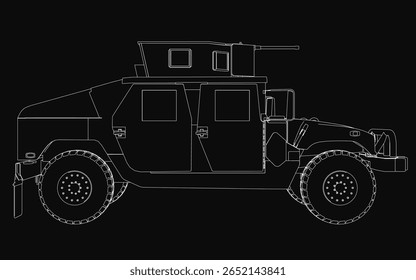 Um Humvee militar preto e branco se destaca em um fundo escuro, com quatro rodas detalhadas, uma mesa plana e uma área de carga espaçosa. Os faróis, grelha e pneus robustos estão claramente definidos.