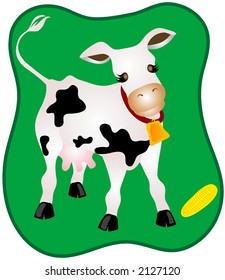 Black and white milk cow with a cob of corn over a green background.illustration is in easily editable and scalable vector format.