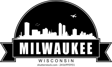 Black and white Milwaukee Wisconsin buildings skyline negative air space silhouette dome shaped emblem with scroll banner below and name text inside. Vector eps graphic design.