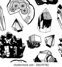 Black and white minerals. Seamless pattern with minerals. Minerals vector seamless pattern. Vector illustration crystals and minerals. Mineralogy vector pattern. Crystallography seamless pattern