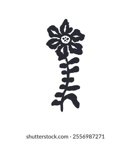 Black and white minimal abstract inky flower silhouette. Monochrome sketchy textured loose floral doodle. Hand drawn botanical abstraction