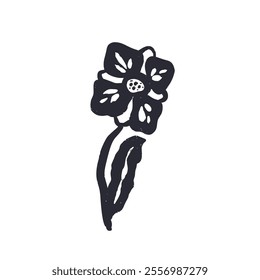 Black and white minimal abstract inky flower silhouette. Monochrome sketchy textured loose floral doodle. Hand drawn botanical abstraction