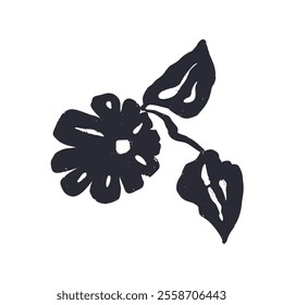 Black and white minimal abstract inky flower silhouette. Monochrome sketchy textured loose floral doodle. Hand drawn botanical abstraction