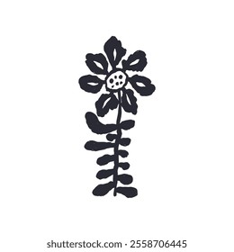 Black and white minimal abstract inky flower silhouette. Monochrome sketchy textured loose floral doodle. Hand drawn botanical abstraction