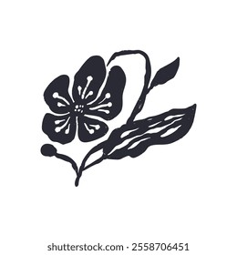 Black and white minimal abstract inky flower silhouette. Monochrome sketchy textured loose floral doodle. Hand drawn botanical abstraction