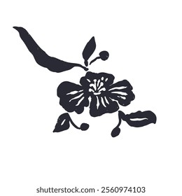 Black and white minimal abstract inky flower silhouette. Monochrome sketchy textured loose floral doodle. Hand drawn botanical abstraction