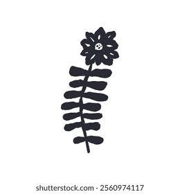 Black and white minimal abstract inky flower silhouette. Monochrome sketchy textured loose floral doodle. Hand drawn botanical abstraction