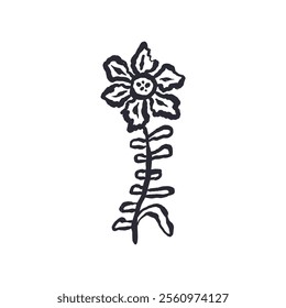 Black and white minimal abstract inky line art flower. Monochrome sketchy textured loose floral doodles. Hand drawn botanical abstraction