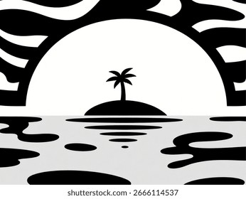 Vector plano mínimo blanco y negro del océano sereno, isla central Pequeña, una palma alta, líneas limpias lisas, Formas sólidas, aisladas en el fondo blanco puro.