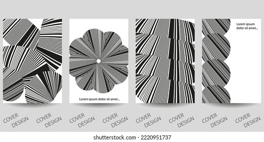 Schwarz-Weiß minimaler geometrischer Hintergrund aus verschiedenen gestreiften Formen. Trendy Template für Design-Cover, Poster, Flyer. Layoutset für den Verkauf, Präsentationen.