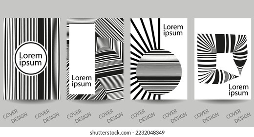 Black and white minimal geometric background from various striped shapes. Trendy template for design cover, poster, flyer. Layout set for sales, presentations.