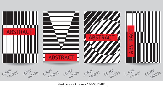 Black and white minimal geometric backgrounds set.Striped geometric pattern with visual distortion effect.  For printing on covers, banners, sales, flyers. Modern design. Vector. EPS10