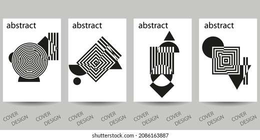 Black and white minimal geometric backgrounds set.Striped geometric pattern with visual distortion effect. For printing on covers, banners, sales, flyers. Modern design. Vector.