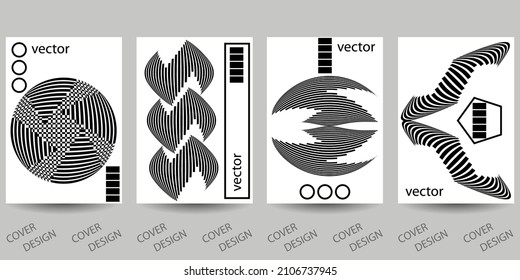 Montaje de fondo geométrico mínimo en blanco y negro.Patrón geométrico rayado con efecto de distorsión visual.  Para imprimir en portadas, banners, ventas, volantes. Diseño moderno. Vector. 