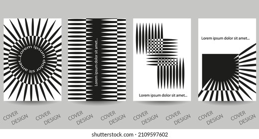 Montaje de fondo geométrico mínimo en blanco y negro.Patrón geométrico rayado con efecto de distorsión visual.  Para imprimir en portadas, banners, ventas, volantes. Diseño moderno. Vector.