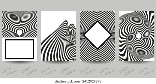Schwarz-Weiß minimale geometrische Hintergründe Set.Striptes geometrisches Muster mit visueller Verzerrungswirkung. Für den Druck auf Cover, Banner, Verkäufe, Flyer. modernes Design. Vektorgrafik.