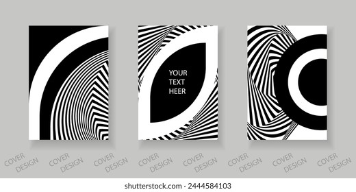Black and white minimal geometric backgrounds set.Striped geometric pattern with visual distortion effect. For printing on covers, banners, sales, flyers. modern design. Vector.