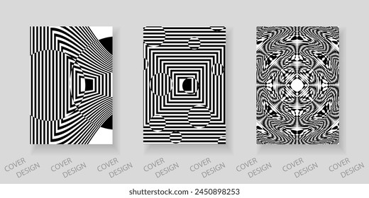 Conjunto de fondos geométricos mínimos en blanco y negro. Patrón geométrico rayado con efecto de distorsión visual. Para imprimir en cubiertas, Anuncios, ventas, volantes. diseño moderno. Vector.