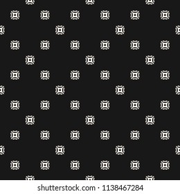 Black and white minimal geometric seamless pattern with small shapes, carved squares. Simple ornamental texture. Vector minimalist abstract background. Subtle dark repeat design for decor, wrapping