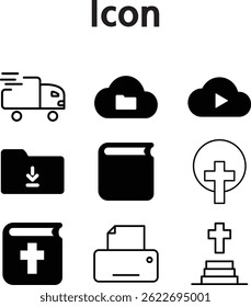 Black and white minimal icon set including delivery, cloud, folder, printer, and cross