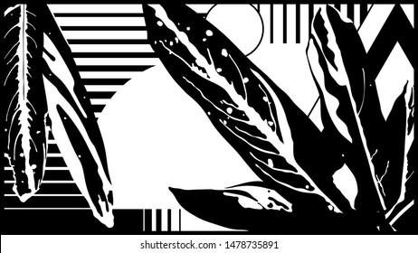 Black and white minimal mono tone tropical plants background template with geometric line and shape decoration