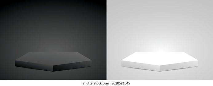 pantalla de podio de pentágono mínimo en blanco y negro 3d ilustración vector para poner su objeto