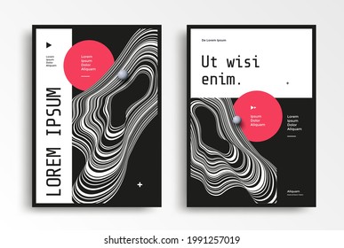 Black and white minimal poster with fluid shape. Striped wavy line compositions template layout for cover, brochure. Vector illustration.