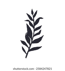 Black and white minimal rustic inky leaf silhouette. Monochrome sketchy textured loose floral twig doodle. Hand drawn bold color botanical element