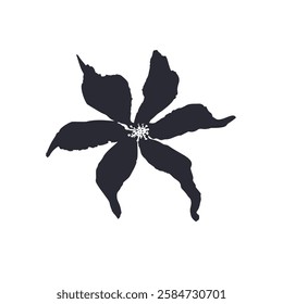 Black and white minimal rustic inky flower silhouette. Monochrome sketchy textured loose floral doodle. Hand drawn bold color botanical element