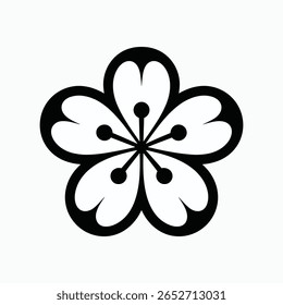 Ícone de flor de flor de cereja de sakura preto e branco mínimo na silhueta de estilo tradicional japonês, perfeito para projetos de design gráfico, impressão e decoração.
