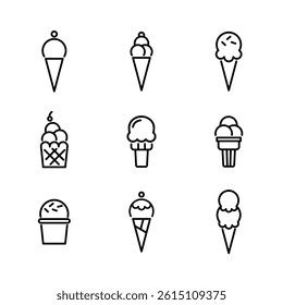 Black and white minimal set of ice cream outline icon. Use for cafe sign, coffee shop sign, banner or glass screen printing.