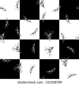 Black and white minimal simple seamless pattern. Retro vintage monochrome floral square ornament.