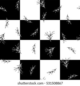 Black and white minimal simple seamless pattern. Retro vintage monochrome floral square ornament.