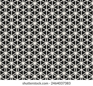 Black and white minimal vector geometric seamless pattern with curved lines, hexagons, triangles, circles, lattice. Abstract monochrome background. Simple texture in oriental style. Repeating design