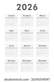 Calendário português vertical A4 2026 minimalista preto e branco, tabelas mensais com datas, início da semana de segunda-feira