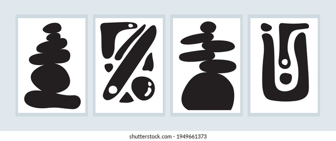 Black and White Minimalist Abstract Art Set, Balancing Stones zen vector illustration. Minimalist geometrical abstract art mid century modern style black and white artwork. Eps 10. Set vector.