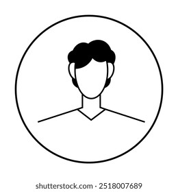 Un avatar minimalista en blanco y negro de una persona con cabello corto en un marco circular. No se detallan los rasgos faciales. Ideal para perfiles de usuario, redes sociales, App, Sitios web y avatares.