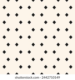 Black and white minimalist background. Vector seamless pattern with simple shapes, small rhombuses, diamonds in regular grid. Stylish minimal monochrome texture. Repeated geo design for decor, print