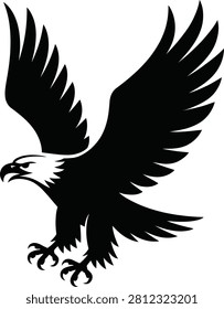 Black and white minimalist of a bald eagle in flight, wings spread, talons extended bird raptor predator