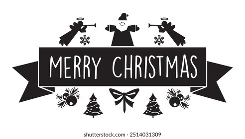Black and white minimalist banner wishing merry christmas with angels playing trumpets, santa claus, christmas trees, snowflakes, holly and a ribbon