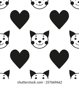 Black and white minimalist cat and heart seamless pattern for nursery wallpaper. Set of isolated funny cute decorative symbols and elements. Chess grid order pattern.