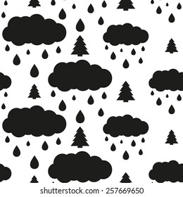 Black and white minimalist cloud and spruce seamless pattern for nursery wallpaper. Set of isolated funny cute decorative symbols and elements. Chess grid order pattern.