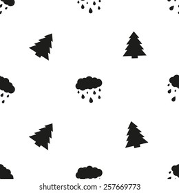 Black and white minimalist cloud and spruce seamless pattern for nursery wallpaper. Set of isolated funny cute decorative symbols and elements. Chess grid order pattern.