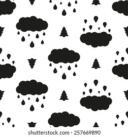 Black and white minimalist cloud and spruce seamless pattern for nursery wallpaper. Set of isolated funny cute decorative symbols and elements. Chess grid order pattern.