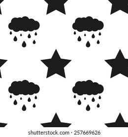 Black and white minimalist cloud and star seamless pattern for nursery wallpaper. Set of isolated funny cute decorative symbols and elements. Chess grid order pattern.