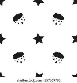 Black and white minimalist cloud and star seamless pattern for nursery wallpaper. Set of isolated funny cute decorative symbols and elements. Chess grid order pattern.