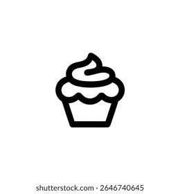 Black and white minimalist cupcake outline icon, ideal for representing sweets, desserts, party treats, bakery items, and general celebratory occasions.